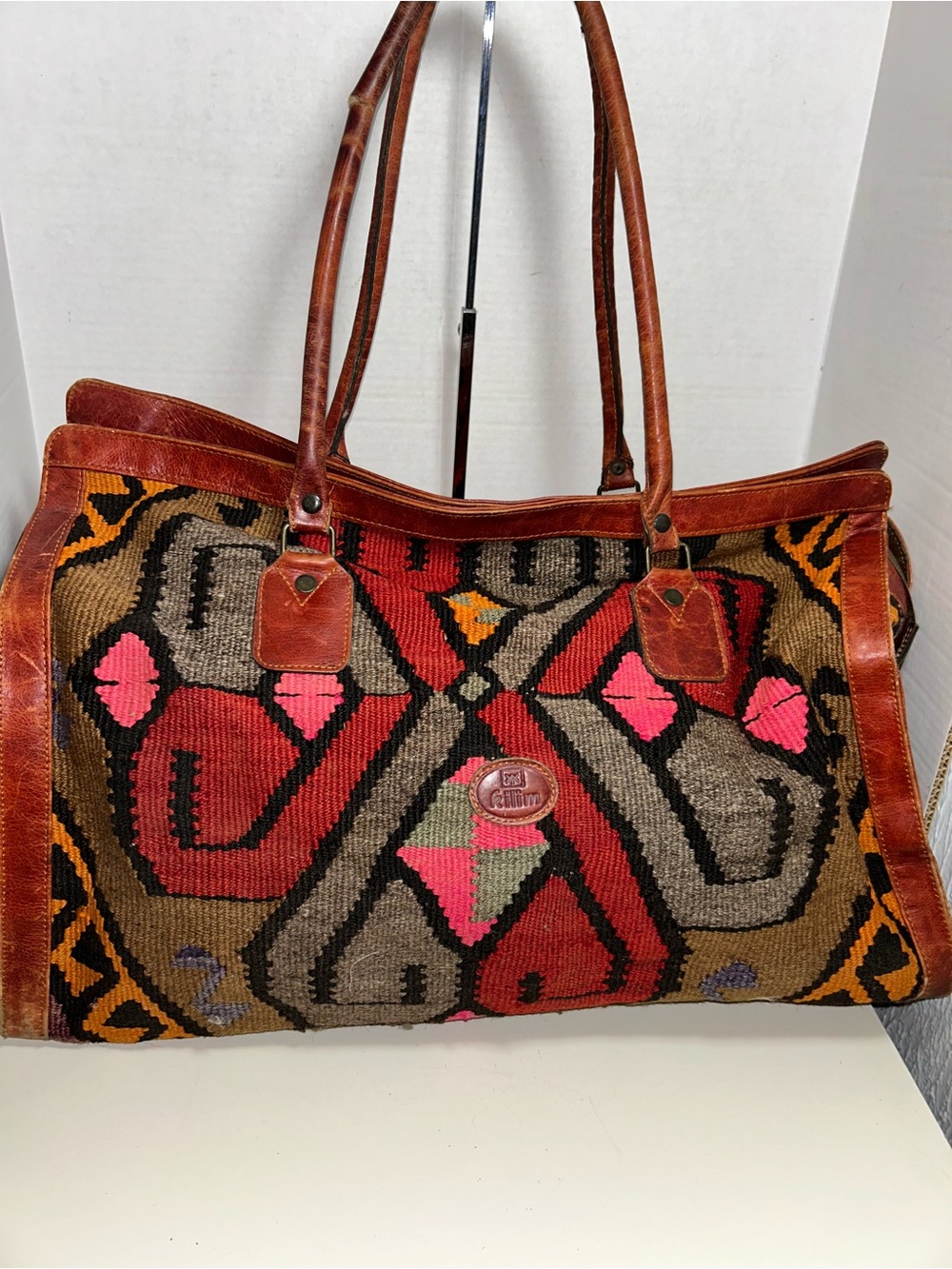 Vintage Kilim Multicolor Wool Rug Leather Weekender Duffle Travel Tote Bag